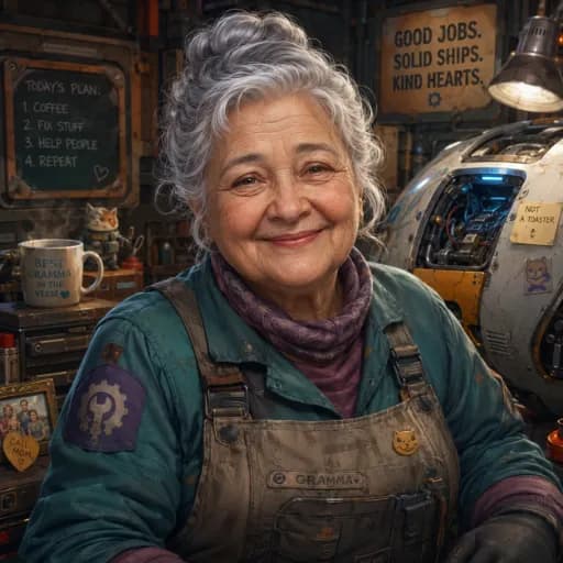 Elderly grandmother mechanic in a teal work shirt and tool apron in a repair workshop
