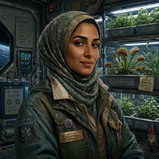 Orbital botanist in a green utility coat with botanical pins inside a greenhouse
