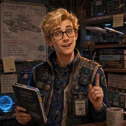 Young space nerd with glasses in a field uniform among model ships and spacecraft notes