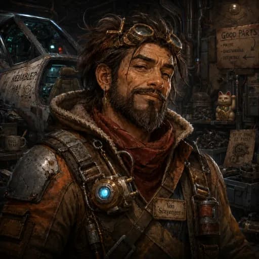 Eccentric salvager with a monocle eye device and tools in a salvage workshop