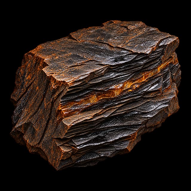 One large, unbroken slab of richly layered dark shale with a bright amber seam running through its cut face
