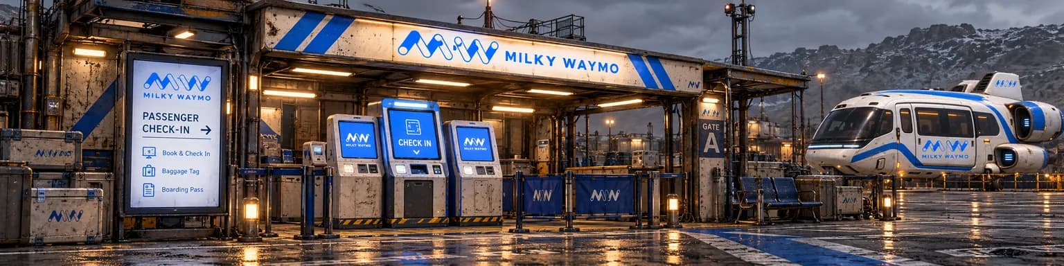 A worn industrial spaceport terminal under a lit blue-and-white Milky Waymo sign, a row of passenger check-in kiosks and a white-and-blue passenger shuttle waiting at Gate A